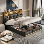 Lit coffre 140x190 cm lit double capitonn� avec espace de stockage et sommier � lattes cadre de lit avec ...