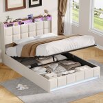 Lit coffre 140x190 cm - lit double avec sommier - hydraulique rangement - tissu lin beige - led int�gr�e ...