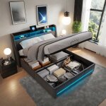 Lit coffre 140x190 cm avec �clairage led - uttqew - lit double adulte avec port usb et sommier � lattes ...