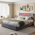 Lit coffre 140x190 cm - luminarix - rangement led - velours gris - 2 places - design contemporain