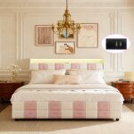 Lit coffre 140x190 cm avec led et multiprise t�te de lit rembourr�e 4 tiroirs de rangement charge usb ...