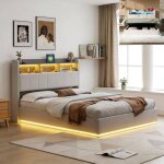 Lit coffre 140x190 cm - leww - usb et led - velours blanc - 3 compartiments de rangement