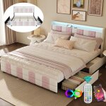 Lit coffre 140x190 cm - luminarix - �clairage led - 4 tiroirs - velours doux - rose blanc