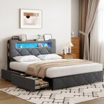 Lit coffre 140x190 cm - comanlai - velours gris - sommier led - tiroirs de rangement - t�te de lit capitonn�e ...