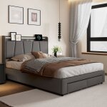 Lit coffre 140x190 cm avec sommier led et usb comanlai lit double avec t�te de lit rangement et 2 tiroirs ...