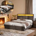 Lit 140x190 cm - led - sommier � lattes - 2 tiroirs - cadre de litcoffre 140x190 coffre - tissu en lin ...