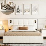 Lit coffre 140x190 cm velours beige - sommier � lattes t�te capitonn�e 2 liseuses led rangement
