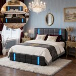 Lit coffre 140x190 - drelygwea - pu noir - led int�gr�es - rangement hydraulique - 2 places