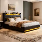 Lit coffre 140x190 - pocketpop - pu noir - t�te de lit avec led et usb - cadre de lit avec sommier � ...