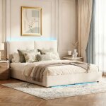 Lit coffre 140x190 - pocketpop - velours beige - t�te de lit avec led - cadre de lit avec sommier � lattes ...