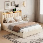 Lit coffre 140x190 - pocketpop - velours blanc cass� - t�te de lit avec led et usb - cadre de lit avec ...