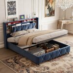 Lit coffre 140x190 - pocketpop - velours gris - t�te de lit avec led et usb - cadre de lit avec sommier ...