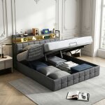 Lit coffre 140x190 tissu gris lin - hydraulique - t�te de lit avec usb - c usb & led - capitonnage �pais ...