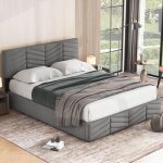 Lit coffre 140x190 en velours gris lit double avec t�te de lit r�glable design ray� sommier relevable ...