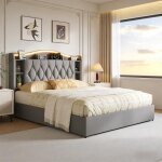 Lit coffre 140x190 velours avec led usb et recharge sans fil t�te avec rangements structure m�tal et ...
