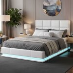 Lit coffre 140x190cm - sommier hydraulique - led multicolore - design moderne - simili cuir blanc