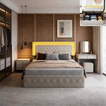 Lit coffre 140x200 cm - leww - beige velours - led - d�coration de boutons - t�te de lit r�glable