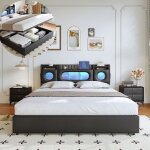 Lit coffre 140 x 200 cm - �clairage led - port usb - t�te de lit rembourr�e - hydraulic storage space ...