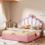 Lit coffre 140x200 cm en simili cuir rose avec t�te en forme de nuage couronne perl�e et �clairage led ...