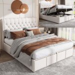 Lit coffre 140x200 cm avec sommier � lattes tissu en coton lin gris clair