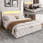 Lit coffre 140x200 cm avec sommier  lattes et led tissu pu blanc