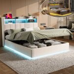 Lit coffre 140x200 avec led - 2 charge usb / type - c - t�te de lit capitonn� - cadre de lit double adulte ...