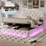 Lit coffre 140x200 avec led et t�te de lit capitonn�e r�glable hautrangement hydrauliquelit double avec ...