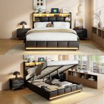 Lit coffre 140x200 - ravas - lit double avec led et usb - lit 2 places avec rangement et sommier � lattes ...