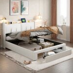 Lit coffre 140x200 avec sommier lit coffre avec tiroir led et usb t�te de lit capitonn� avec rangement ...