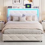 Lit coffre 140x200 avec usb et led?cadre de lit de rangement hydraulique rembourr� en pu?avec sommier?2 ...