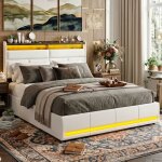 Lit coffre 140x200cm - rangement hydraulique - led t�te & pied de lit - simili cuir blanc