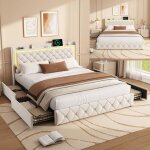 Lit coffre 160�200 avec led et usb - lit double avec 4 tiroirs - t�te de lit avec rangement - avec sommier ...