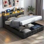 Lit coffre 160 x 200 cm lit 2 personnes avec rangement et t�te de lit capitonn� lit adulte avec sommier ...