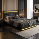 Lit coffre 160 x 200 cm lit capitonn� 2 places avec rangement hydraulique et led 2 persons - pu - noir ...