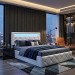 Lit coffre 160 x 200 cm lit capitonn� 2 places avec rangement hydraulique et led t�te de lit r�glable ...