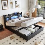 Lit coffre 160 x 200 cm lit double avec sommier rangement dans la t�te de lit capitonn� led et multiprise ...