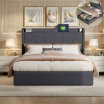 Lit coffre 160 x 200 cm - ravas - 2 ports usb + 1 port usb - c - sommier � v�rins hydrauliques - cadre ...