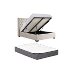 Lit coffre 160 x 200 cm avec t�te de lit capitonn�e - tissu - beige + matelas - massimo ii