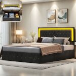 Lit coffre 160 x 200 cm - t�te de lit r�glable - espace de rangement hydraulique - sommier � lattes - ...