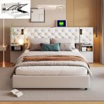 Lit coffre 160 x 200 cm avec usb et �clairage led lit rembourr� avec espace de rangement et 2 tables ...