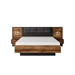 Lit coffre 160cm avec chevets led sommier relevable tête de lit tapissée chêne et noir - london Lit coffre 160cm avec chevets led sommier relevable tête de lit tapissée chêne et noir - london