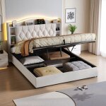 Lit coffre - 160x190 velours beige - led rgb 60?000 couleurs - charge sans fil 15w - rangement pneumatique ...