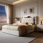 Lit coffre 160x190 velours avec led usb et recharge sans fil t�te avec rangements structure m�tal et ...