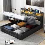 Lit coffre 160x200 cm - capitonn� pu noir - rangement v�rin pneumatique - led rgb & usb - sommier inclus ...