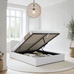Lit coffre 160x200 cm cocoon + sommier / tissu bouclette blanc Lit coffre 160x200 cm cocoon + sommier / tissu bouclette blanc