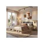 Lit coffre 160x200 cm - lit double - lit avec 2 chevets usb et type c liseuses - en mdf - ch�ne clair ...
