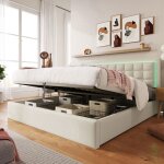 Lit coffre 160x200 cm - lit double - cadre de lit avec t�te de lit avec led - en pu - blanc - sans matelas ...