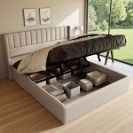 Lit coffre 160x200 cm lit double capitonn� avec t�te de lit design cannel�e lit adulte hydraulique lin ...