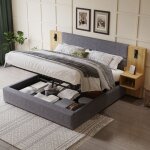 Lit coffre 160x200 cm - lit double avec rangement 2 tables de chevet t�te capitonn�e � oreilles larges ...