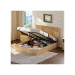 Lit coffre 160x200 cm - lit double avec t�te de lit rainur�e sommier � lattes - en mdf et m�tal - ch�ne ...